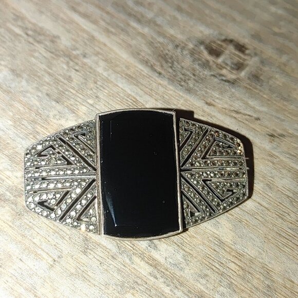 Brooch Antique Art Deco Sterling Silver Black Onyx Brooch Pin Made In Germany - Picture 10 of 15